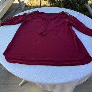 Karen Brooks Blouse Womens Size 2X Open Top 3/4 Sleeve Tie Open V-neck Maroon
